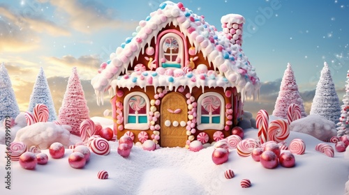  a gingerbread house surrounded by candy canes and candy canes on a snow covered ground with trees in the background. generative ai