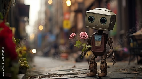 Vintage Television Robot with Pink Roses Walking Down a Cobblestone Street in a Vintage City