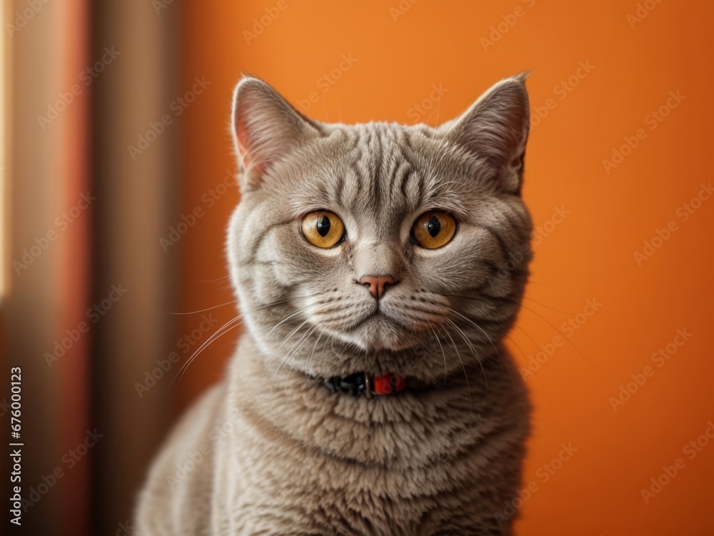 British shorthair cat, kitten portrait looking shocked against orange background. Ai Generative