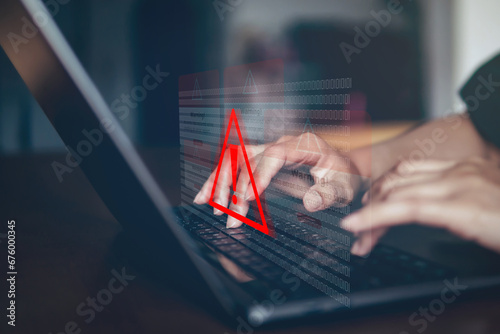 Emergency warning alert alarm with user using computer laptop, Data network protection, Virus alarm with people using program on computer.
