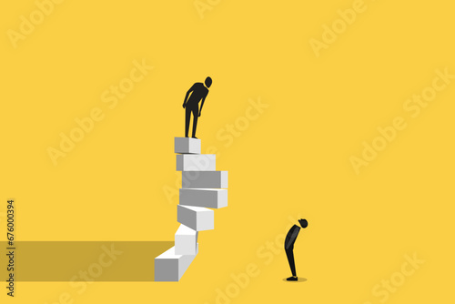 Successful businessman standing on top looking down and man looking up, which pointing up as symbol of achievement, success and developing business in successful way photo
