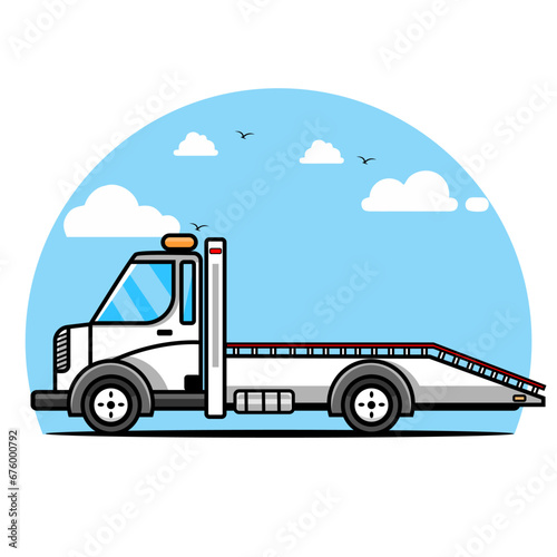 illustration of a white cartoon tow truck icon on a sky cloud background © iva