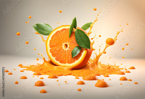 Attractive view of big fresh orange fruit floating on splashes of raw orange juice and pulp