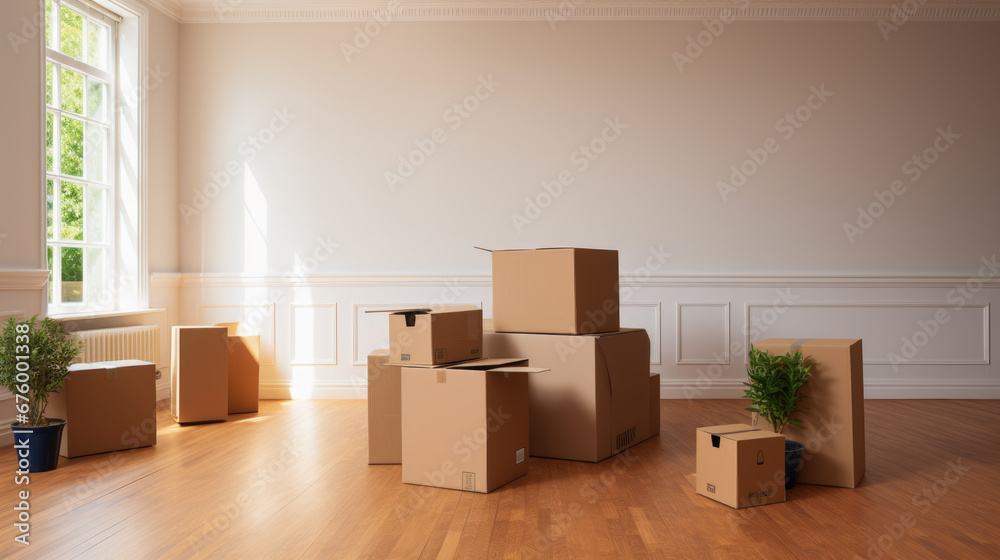 A room in a house with sunlight streaming through the window, illuminating a stack of cardboard boxes, suggesting a process of moving or relocation A room in a house with sunlight streaming through the window, illuminating a stack of cardboard boxes, suggesting a process of moving or relocation