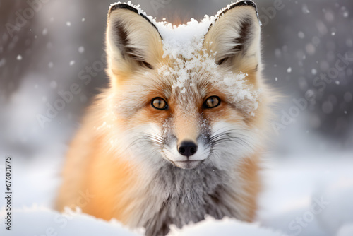 Red fox iwith snow on head photo