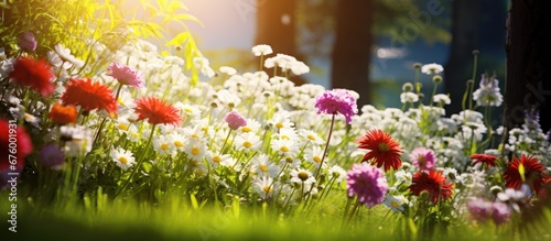 In the beautiful natural garden the lush green grass forms a vibrant background complementing the colorful floral display of white and various hues of summer flowers creating a breathtaking  © TheWaterMeloonProjec