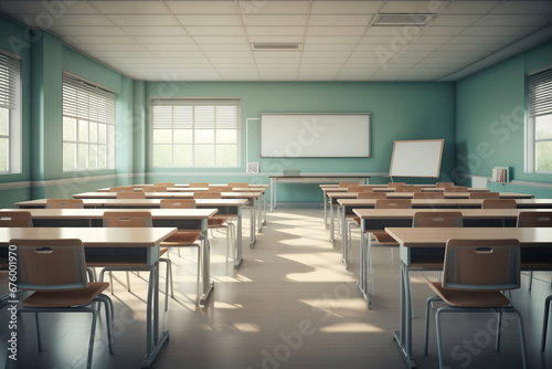Shot of empty modern classroom ready for students to learn in it. Back to school concept © evgenia_lo