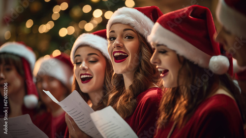 A group of joyful people singing Christmas songs , dressed in festive attire with Santa hats and red scarves, surrounded by the glow of warm lights.