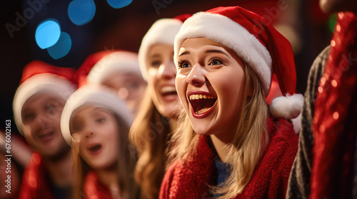 A group of joyful people singing Christmas songs , dressed in festive attire with Santa hats and red scarves, surrounded by the glow of warm lights.