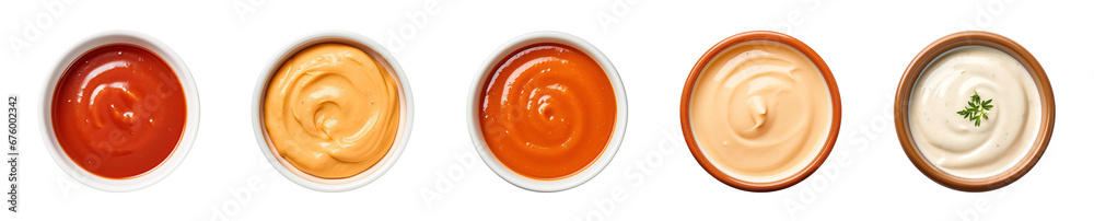 Variety of dipping sauces in bowls viewed from above - obrazy, fototapety, plakaty 