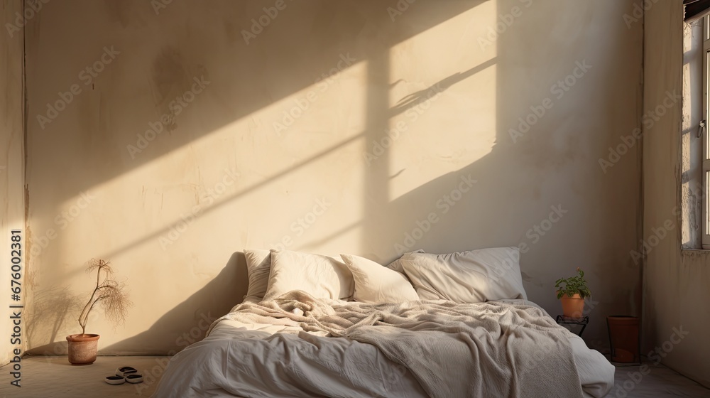 a bed with a white comforter and a potted plant in a corner of a room next to a window. generative ai a bed with a white comforter and a potted plant in a corner of a room next to a window. generative ai