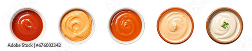 Variety of dipping sauces in bowls viewed from above photo