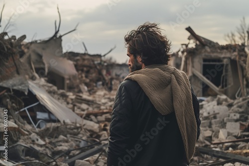 Refugees view from the back looking at damaged homes. Portrait of homeless man on ruins of his destroyed house.