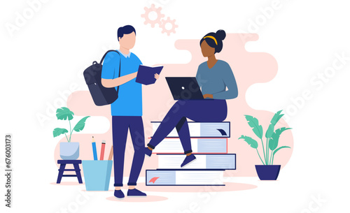 Education students reading - Male and female student doing schoolwork together, sitting and standing reading on computer and book. Flat design vector illustration with white background