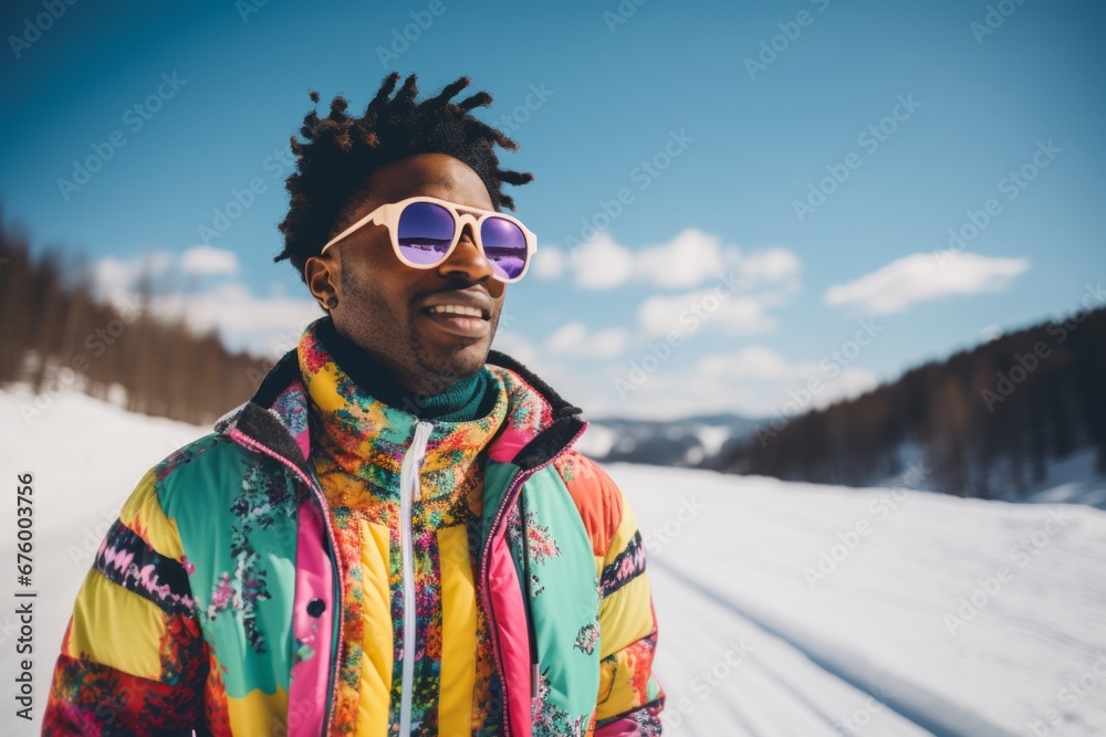 Close up portrait of young afro american guy spending vacation in nature. Snowy sunny day in forest. Blue sky background.