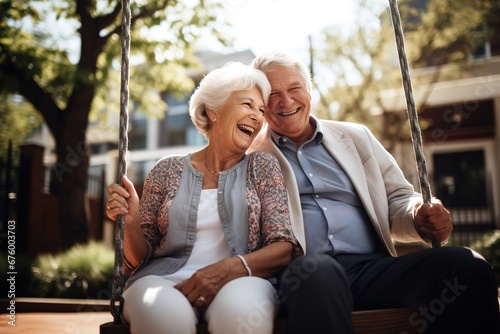 woman man senior couple happy retirement together elderly active vitality park fun smiling love old nature wife happiness mature walking holding hands swing photo