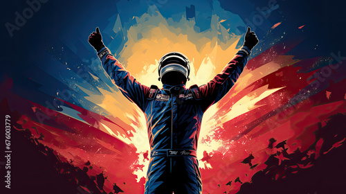 Digital Art of Winning Race Car Driver’s Silhouette, Grand Prix Victory Celebration