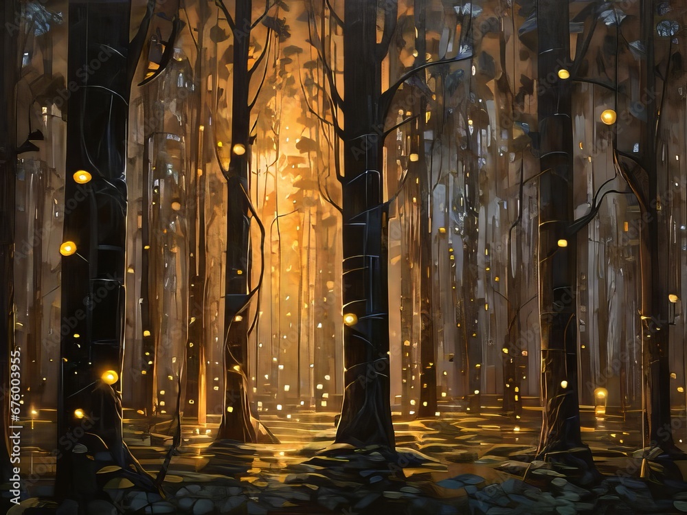Un bosque surrealista de árboles a contraluz, con sus troncos y ramas iluminados por el cálido resplandor de las luciérnagas - obrazy, fototapety, plakaty 