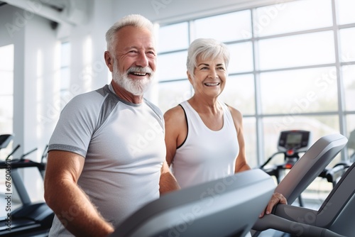 senior woman man exercise gym fitness couple sport healthy elderly health training active happy treadmill old fit mature female adult workout body vitality