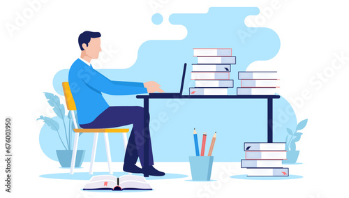 Male student sitting at desk with laptop and books studying and learning online. Education, school and course concept in flat design vector illustration with white background