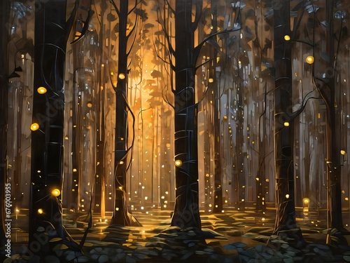Un bosque surrealista de árboles a contraluz, con sus troncos y ramas iluminados por el cálido resplandor de las luciérnagas photo