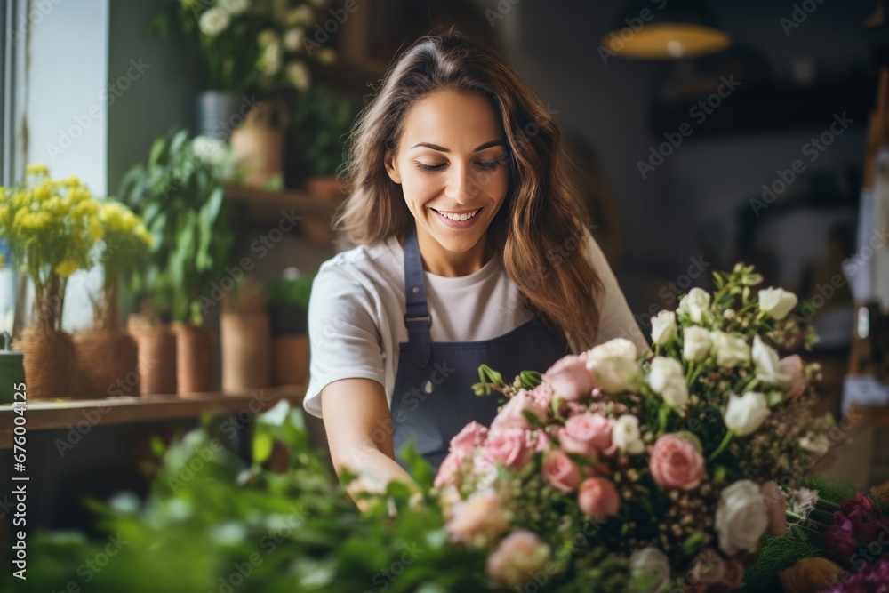 Young Florist Skillfully Arranging Vibrant Bouquet in Sunlit Flower Shop
