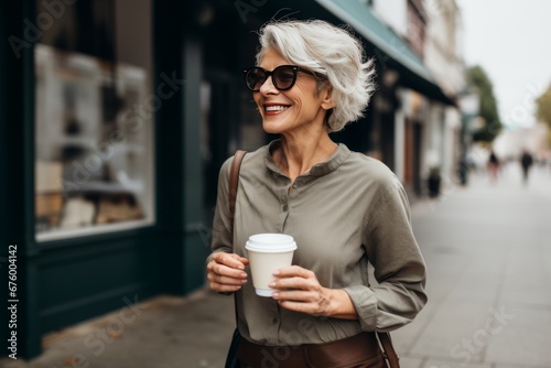 Elderly Woman Enjoying Coffee While Strolling City Street photo