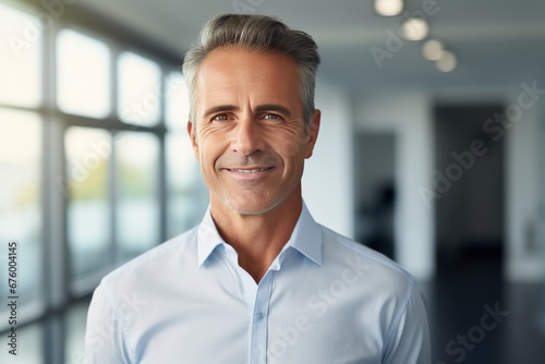 Mature Man in Blue Shirt in Modern Office Setting