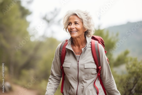 Elderly Woman Embracing Adventure in Mountain Hike