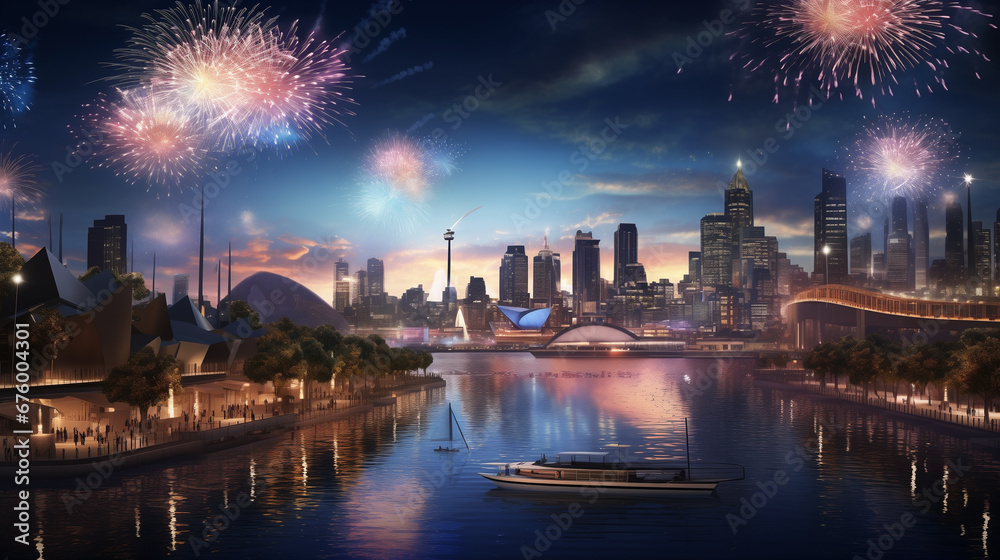 Firework at night over metropolitan city on New year eve celebration event. New year holiday celebration anniversary concept.