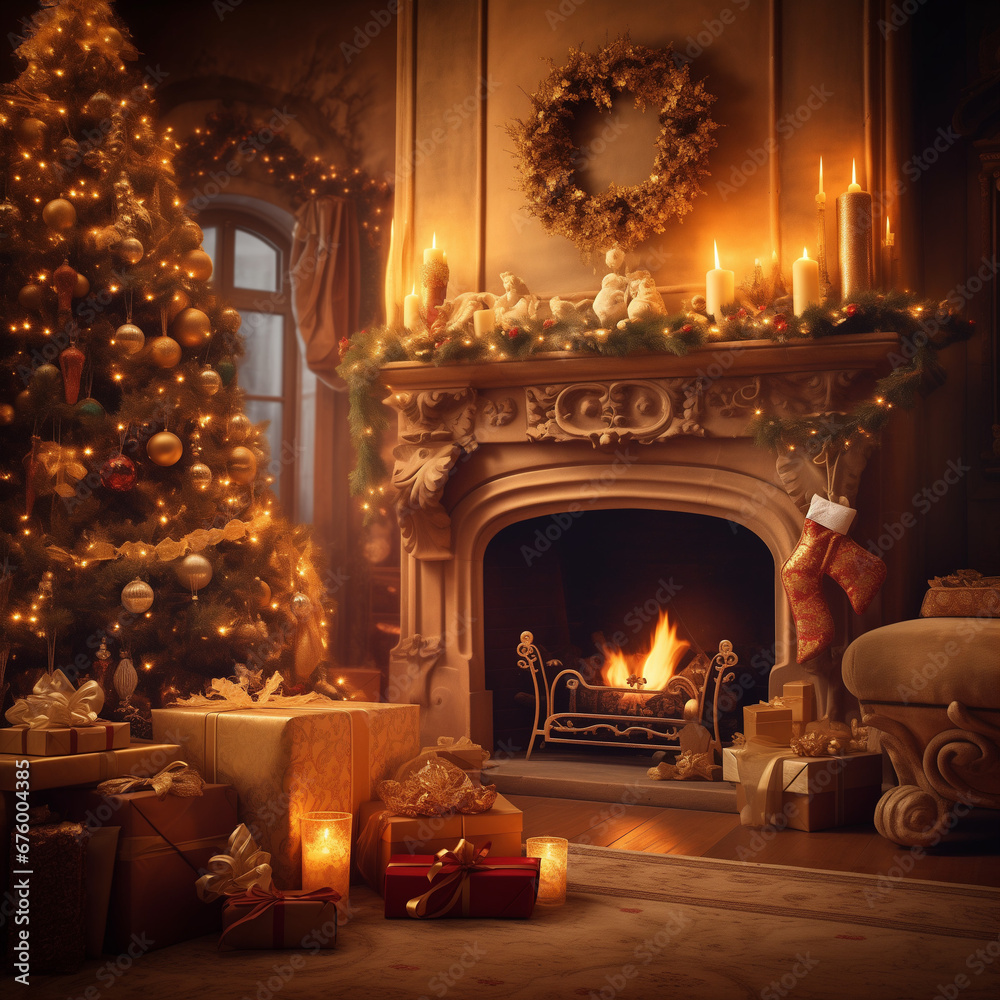 Boże Narodzenie, kartka świąteczna z choinką, prezentami przy kominku. Ai generative - obrazy, fototapety, plakaty 