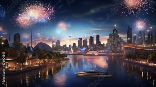 Firework at night over metropolitan city on New year eve celebration event. New year holiday celebration anniversary concept.