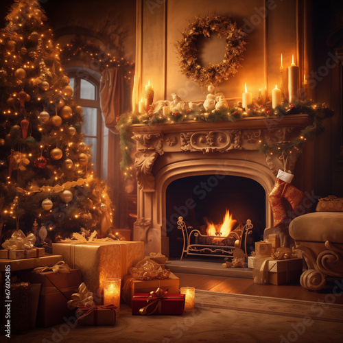 Boże Narodzenie, kartka świąteczna z choinką, prezentami przy kominku. Ai generative