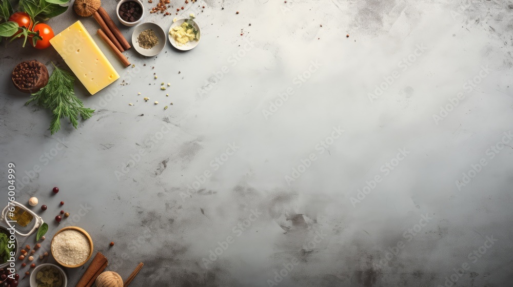  a table topped with lots of different types of food on top of a white counter top next to spices and seasonings.  generative ai