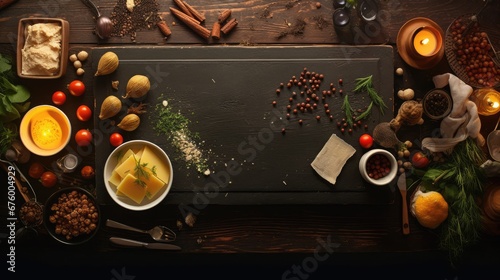  a table topped with a cutting board covered in different types of food next to candles and bowls of food on top of a wooden table.  generative ai