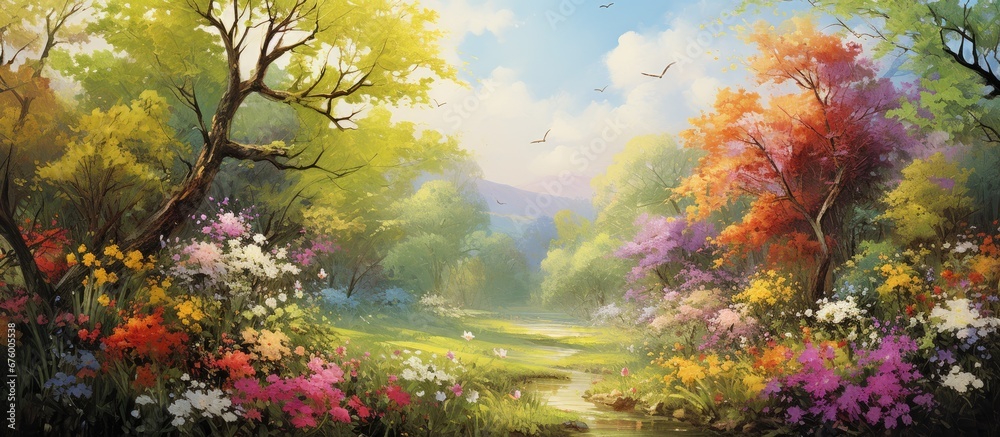 In the beautiful summer garden the vibrant green landscape is adorned with colorful flowers painting a picturesque background of nature s love and beauty Each leaf dances in the breeze as i