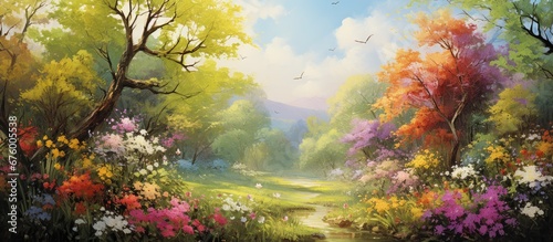 In the beautiful summer garden the vibrant green landscape is adorned with colorful flowers painting a picturesque background of nature s love and beauty Each leaf dances in the breeze as i