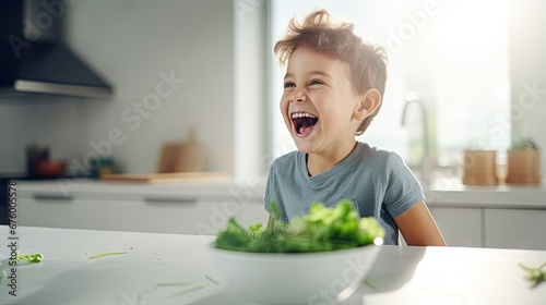  a young boy sitting at a table with a bowl of vegetables in front of him and a bowl of lettuce in front of him.  generative ai