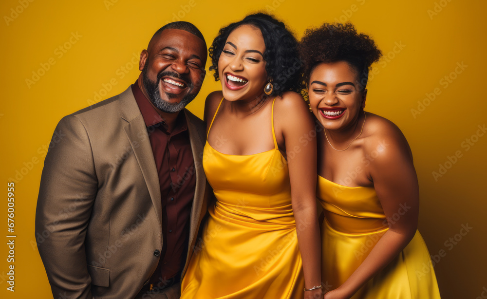 Obraz premium African american people in wedding outfits posing and laughing together.