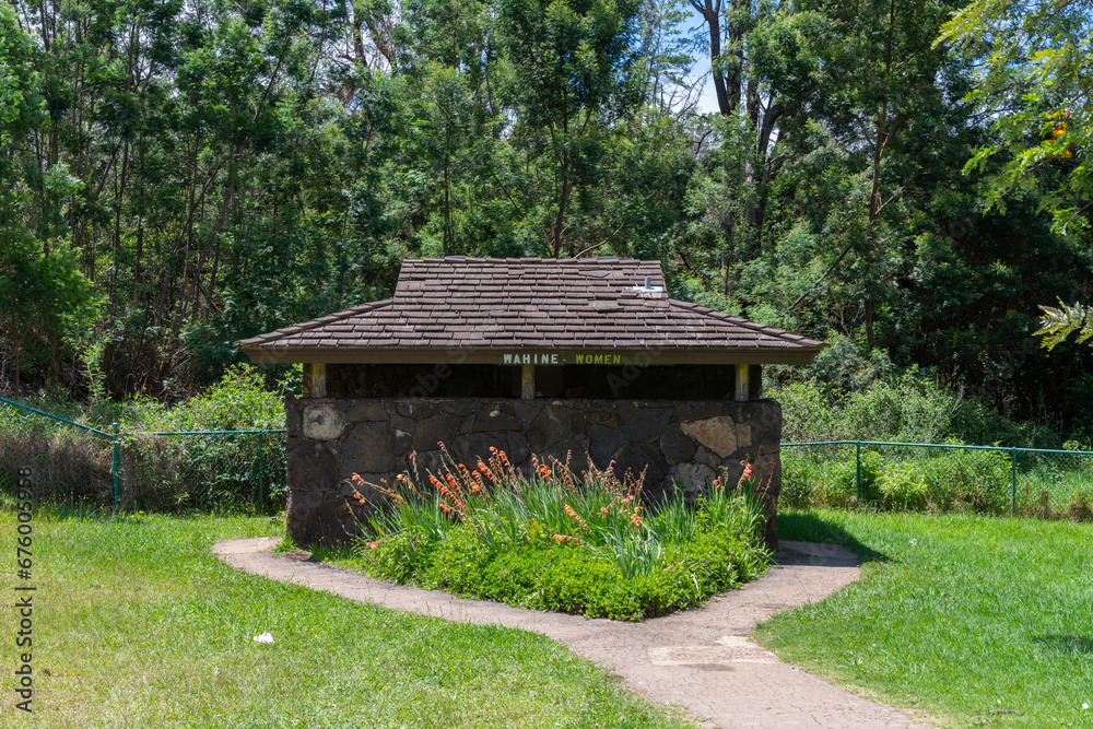Women's bathroom at Waimea Canyon State Park the sign days Wahine the Hawaiin word for women in Kauai, Hawaii, United States.
Women's bathroom at Waimea Canyon State Park the sign days Wahine the Hawaiin word for women in Kauai, Hawaii, United States.