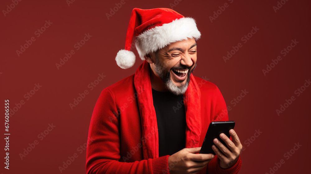 A man wearing a festive Santa hat is laughing with joy while looking at a smartphone in his hands against a solid background. A man wearing a festive Santa hat is laughing with joy while looking at a smartphone in his hands against a solid background.