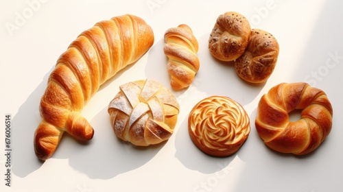  a variety of breads and pastries arranged on a white surface, including a loaves of bread, a loaves of bread, a loaves of bread, and a loaves of bread, and a loaves. generative ai