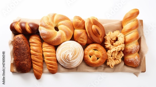  a bunch of different types of breads and pastries on a piece of brown paper on a white background.  generative ai