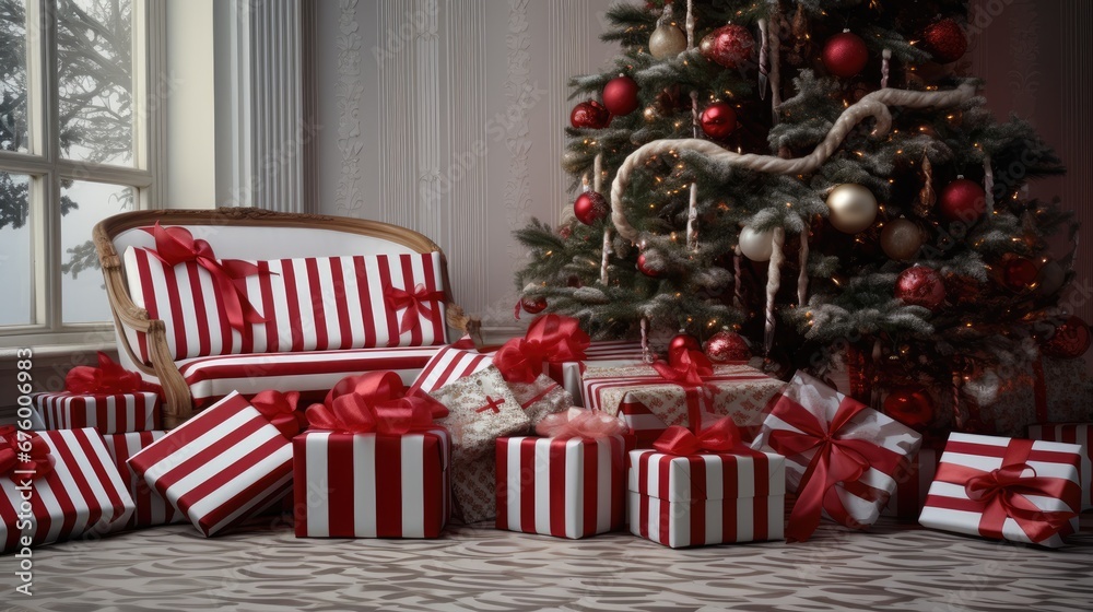  a group of wrapped presents sitting next to a christmas tree in front of a window with a christmas tree in the background.  generative ai