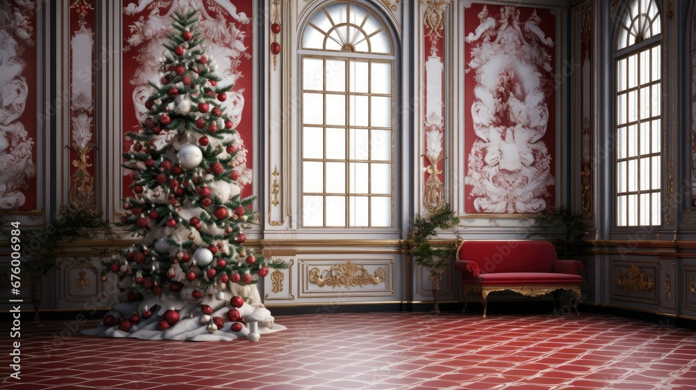  a christmas tree in a room with red and white wallpaper and a red chair in front of a window.  generative ai