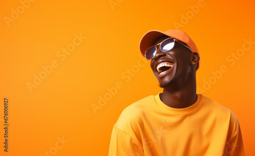 Ultra handsome man  model  smiling and laughing  wearing bright clothes. Bright solid green  blue and yellow isolated background.