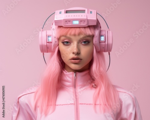 Boldly embracing her unique style, a pink-haired girl exudes confidence as she rocks her matching pink headphones and jacket against a vibrant wall backdrop