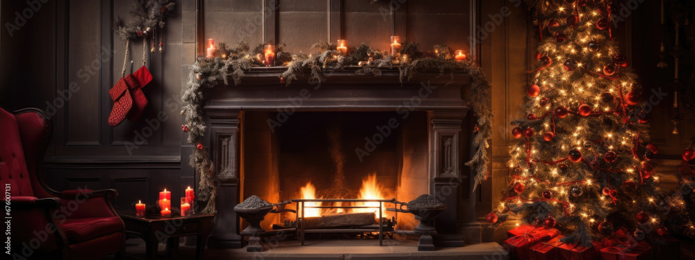 A beautifully decorated living room is illuminated by the warm glow of a fireplace, adorned with festive Christmas decorations, A beautifully decorated living room is illuminated by the warm glow of a fireplace, adorned with festive Christmas decorations,