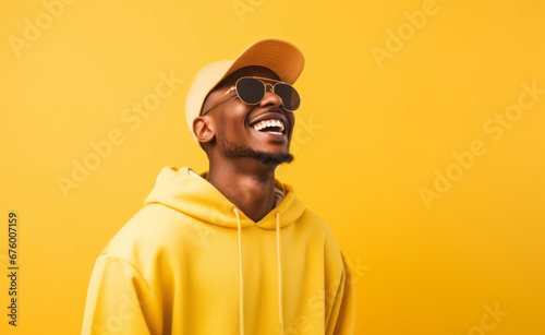 Ultra handsome man, model, smiling and laughing, wearing bright clothes. Bright solid green, blue and yellow isolated background.