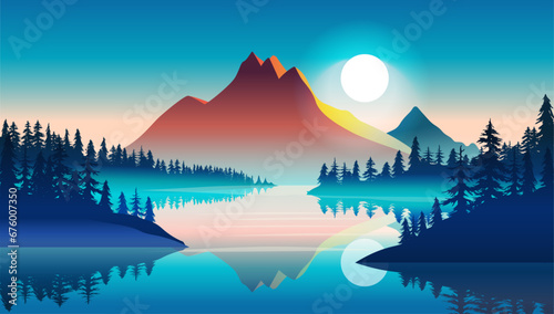Beautiful evening landscape with fog - Foggy lake, mountain and forest in teal and turquoise colour with sunset. Flat design vector illustration wallpaper background